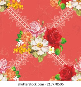 Seamless floral pattern with pink roses on red background. Elegance vector illustration