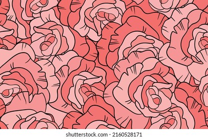 Patrón floral sin foco con rosas rosas rosas. Estilo de caricatura. Diseño para tela, textil, papel. Flores coloridas sobre el fondo del color. Ilustración vectorial de ornamentos tradicionales de arte folclórico.