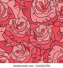 Seamless floral pattern with pink roses. Cartoon style. Design for fabric, textile, paper. Colorful flowers on color background. Vector illustration on traditional folk art ornaments.