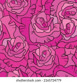 Nahtlose Blumenmuster mit rosafarbenen Rosen. Cartoon-Stil. Design für Gewebe, Textilien, Papier. Farbige Blumen auf buntem Hintergrund. Vektorgrafik über traditionelle Volkskunst-Ornamente.