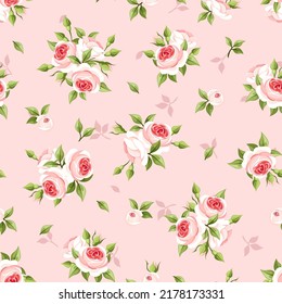 Seamless floral pattern with pink roses on a pink background. Vector illustration