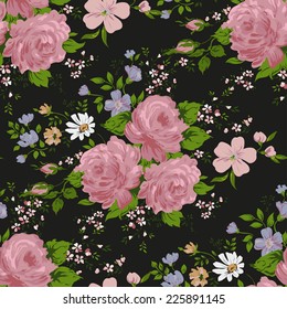 Seamless floral pattern with of pink roses on black background. Vector illustration.