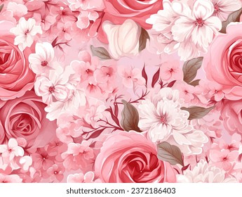 Seamless floral pattern of pink roses and white flowers. Vector illustration of pink roses and white flowers on a pink background.