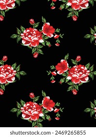 Seamless floral pattern with pink roses on a black background
