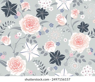 Seamless floral pattern with pink roses. Vector background for fills, fabric, gift wrap, digital paper, wallpaper, etc.