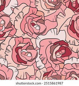 Seamless floral pattern with pink roses. Cartoon style. Design for fabric, textile, paper. Colorful flowers on color background. Vector illustration on traditional folk art ornaments.