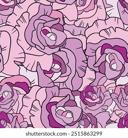 Seamless floral pattern with pink roses. Cartoon style. Design for fabric, textile, paper. Colorful flowers on color background. Vector illustration on traditional folk art ornaments.