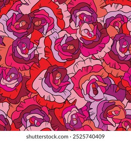 Seamless floral pattern with pink roses. Cartoon style. Design for fabric, textile, paper. Colorful flowers on color background. Vector illustration on traditional folk art ornaments.