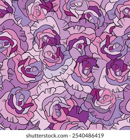 Seamless floral pattern with pink roses. Cartoon style. Design for fabric, textile, paper. Colorful flowers on color background. Vector illustration on traditional folk art ornaments.