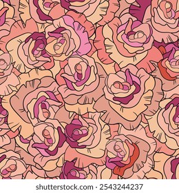 Seamless floral pattern with pink roses. Cartoon style. Design for fabric, textile, paper. Colorful flowers on color background. Vector illustration on traditional folk art ornaments.