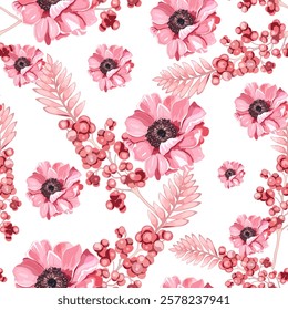 Seamless Floral Pattern with Pink Roses and Anemones. Hand-Drawn Pink Flowers and Foliage Design. Romantic Rose and Anemone Pattern with Soft Leaves