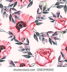 Seamless Floral Pattern with Pink Roses and Anemones. Hand-Drawn Pink Flowers and Foliage Design. Romantic Rose and Anemone Pattern with Soft Leaves