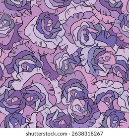Seamless floral pattern with pink roses. Cartoon style. Design for fabric, textile, paper. Colorful flowers on color background. Vector illustration on traditional folk art ornaments.