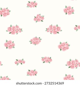 Seamless floral pattern with pink roses on ivory background, romantic vintage digital paper