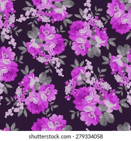 Seamless floral pattern with of pink roses on black background