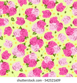 Seamless floral pattern with pink roses, leaves, buds on a light yellow background