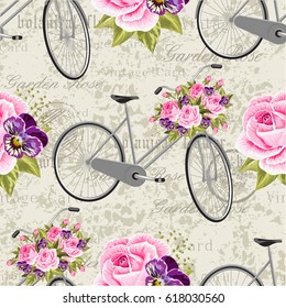 Seamless floral pattern with pink roses and gray bicycle. Vector illustration.