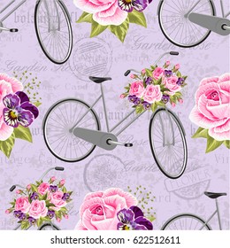 Seamless floral pattern with pink roses and gray bicycle. Vector illustration.