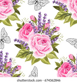 Seamless floral pattern with pink roses and butterflies on white background.