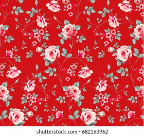 Seamless Floral Pattern. Pink Roses With Green Leaves On Red Background. Vintage Wallpaper With Blooming Flowers
