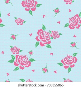 Seamless floral pattern with pink roses on polka dotted background. Exotic flower for decoration, fabric, textile, wrapping paper and other decoration design.Vector illustration.