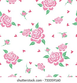 Seamless floral pattern with pink roses and doodle Hearts on white background. Exotic flower for decoration, fabric, textile, wrapping paper and other decoration design.Vector illustration.