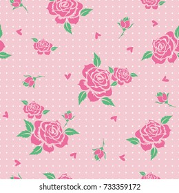 Seamless floral pattern with pink roses on polka dotted background. Exotic flower for decoration, fabric, textile, wrapping paper and other decoration design.Vector illustration.