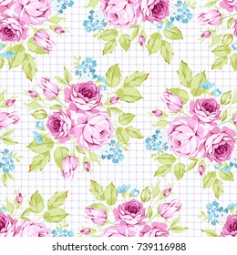 Seamless floral pattern with pink roses and flowering branche