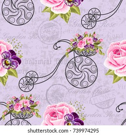 Seamless floral pattern with pink roses and gray bicycle. Vector illustration.