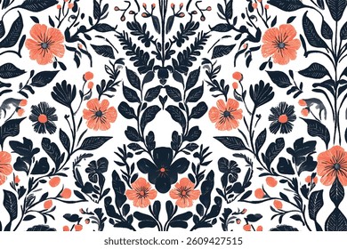 Seamless floral pattern pink tiny flower and and black leaves with white background.