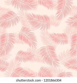 Seamless floral pattern pink tropical palm leaves, jungle leaves on black background. Vector illustration.