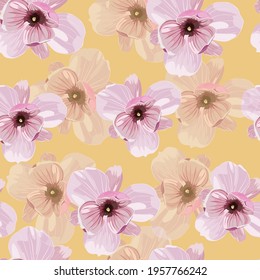 Seamless floral pattern with pink tropical magnolia flowers on yellow background. Template design for textiles, interior, clothes, wallpaper. Botanical art. Engraving style