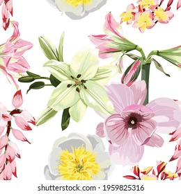 Seamless floral pattern with pink tropical magnolia Amaryllis lilies and plumeria flowers on white background. Template design for textiles, interior, clothes, wallpaper. Botanical art. Engraving styl