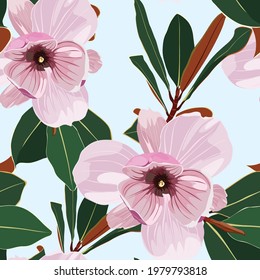 Patrón floral sin foco con flores de magnolia tropical rosa con hojas sobre fondo azul. Diseño de plantilla para textiles, interiores, ropa, papel pintado. Arte botánico. Estilo de grabado.