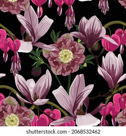 Patrón floral sin foco con magnolia tropical rosa, flores de corazón y anémonas con hojas sobre fondo negro. Diseño de plantilla para textiles, interiores, ropa, papel pintado. Arte botánico. 