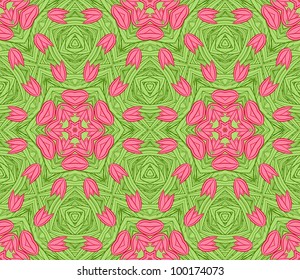 Seamless floral pattern, pink tulip on a green background