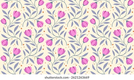 Padrão floral sem costura com botões tulipa rosa e folhas violeta no fundo creme claro. Elegante estilo botânico desenhado à mão. Ideal para tecidos, papéis de parede, embalagens, artigos de papelaria e design digital.