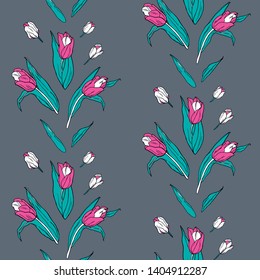 Seamless floral pattern with pink tulips on gray background.