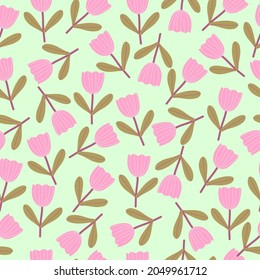 Patrón floral sin foco con tulipanes rosados con hojas verdes sobre fondo verde claro.Vector de tulipán moderno.