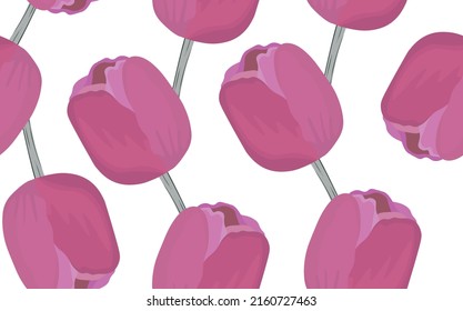 Nahtlose Blumenmuster mit rosafarbenen Tulpen. Cartoon-Stil. Design für Gewebe, Textilien, Papier. Frühlingsbunter Vektorgrafik, Blumen mit Blättern. Urlaubspapier zum Geburtstag, 8. März.