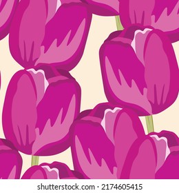 Seamless floral pattern with pink tulips. Cartoon style. Design for fabric, textile, paper. Spring colorful vector illustration, fowers with leaves. Holiday print for Birthday, 8 march.