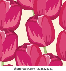 Seamless floral pattern with pink tulips. Cartoon style. Design for fabric, textile, paper. Spring colorful vector illustration, fowers with leaves. Holiday print for Birthday, 8 march.