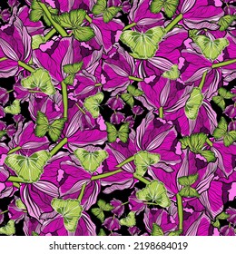 Seamless floral pattern with pink tulips and green butterflies 