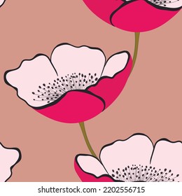 Patrón floral sin soldadura con tulipanes rosados. Estilo de caricatura. Diseño para tela, textil, papel. Ilustración vectorial colorida primavera, flores con hojas. Impresión de vacaciones para cumpleaños, 8 de marzo