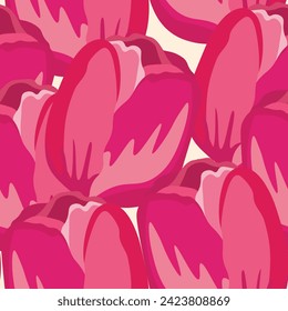 Patrón floral sin soldadura con tulipanes rosados. Estilo de caricatura. Diseño para tela, textil, papel. Ilustración vectorial colorida primavera, flores con hojas. Impresión de vacaciones para el cumpleaños, 8 de marzo.
