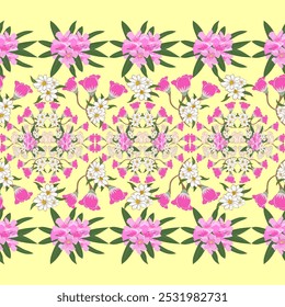 Seamless Floral Pattern with Pink Tulips, White Daisies, and Green Leaves on Yellow Background, Nature-Inspired Design for Spring-Themed Fashion Textiles, Home Decor, and Digital Products