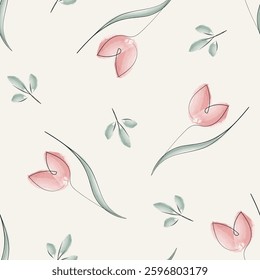 Seamless floral pattern of pink tulips with outline leaf, painted with watercolor brush. Botanical texture. Floral background.