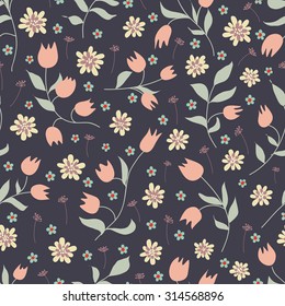 Seamless floral pattern with pink tulips on dark background