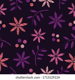 Flores violetas, hojas y puntos de color rosa, sin flor, repiten una textura de fondo interminable para los textiles, las alfombras, las cortinas, las prendas de vestir, las sábanas, el papel para envolver, los papeles pintados, las estampadas de tela