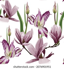 Seamless floral pattern with pink violet tropical magnolia and tulips flowers with leaves on white background. Template design for textiles, interior, clothes, wallpaper. Botanical art. 